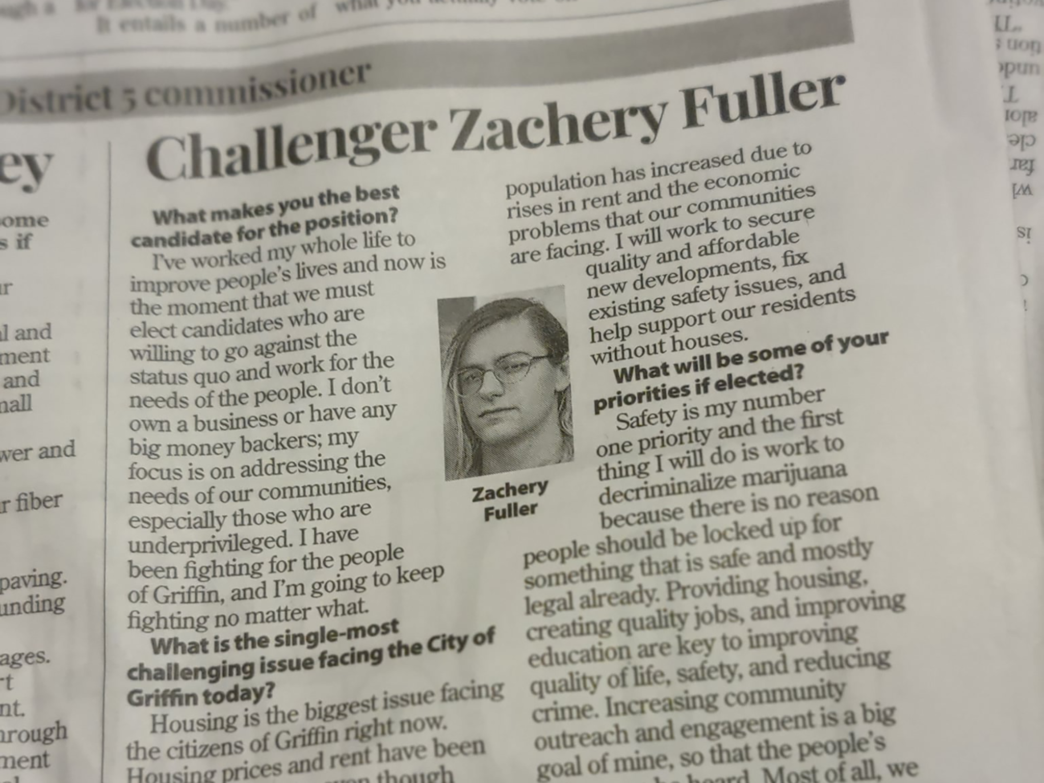 A Griffin Daily News article about Zachery Fuller's 2021 campaign for Griffin City Commissioner District 5